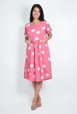 One Summer Kimmy Spot Smock Pocket Midi Dress in Pink- Knee Length Dresses | Midi Dresses