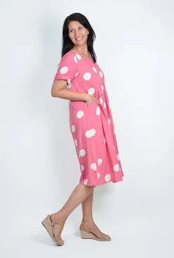 One Summer Kimmy Spot Smock Pocket Midi Dress in Pink- Knee Length Dresses | Midi Dresses