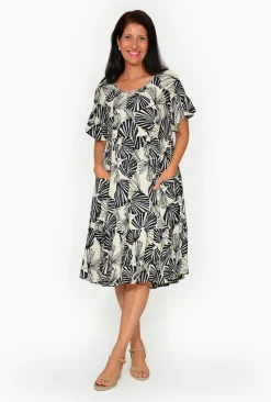 Orientique Kora Rayon Frill Short Sleeve Shift Dress in Black & White- Short Sleeved Dresses | Midi Dresses