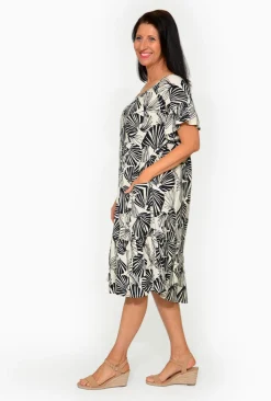 Orientique Kora Rayon Frill Short Sleeve Shift Dress in Black & White- Short Sleeved Dresses | Midi Dresses