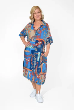 Orientique Kylie Rayon Short Sleeve Shirt Dresss in Blue Motifs- Midi Dresses | Long Dresses