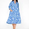 Orientique Leone Cotton 3/4 Sleeve Collar Dress in Blue- Cotton Dresses | Organic Cotton Clothing