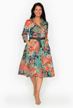 Orientique Leone Cotton 3/4 Sleeve Collar Dress in Blue Multi- Organic Cotton Clothing | Sleeved Dress