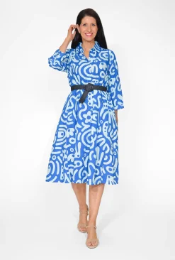 Orientique Leone Cotton 3/4 Sleeve Collar Dress in Blue- Cotton Dresses | Organic Cotton Clothing