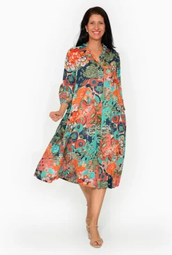 Orientique Leone Cotton 3/4 Sleeve Collar Dress in Blue Multi- Organic Cotton Clothing | Sleeved Dress