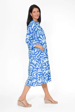 Orientique Leone Cotton 3/4 Sleeve Collar Dress in Blue- Cotton Dresses | Organic Cotton Clothing