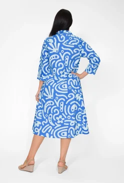 Orientique Leone Cotton 3/4 Sleeve Collar Dress in Blue- Cotton Dresses | Organic Cotton Clothing