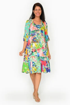 Escape Loretta Rayon Tassel Boho Shift Dress in Blue Tropics- Sleeved Dress