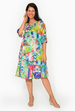 Escape Loretta Rayon Tassel Boho Shift Dress in Blue Tropics- Sleeved Dress