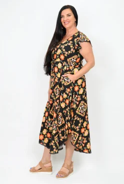 New U Collection Lulu Midi Dress in Picnic Floral Black- Midi Dresses | Long Dresses