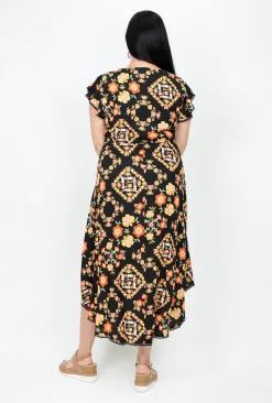 New U Collection Lulu Midi Dress in Picnic Floral Black- Midi Dresses | Long Dresses