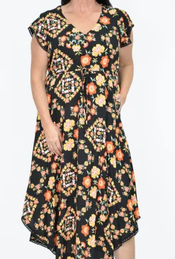 New U Collection Lulu Midi Dress in Picnic Floral Black- Midi Dresses | Long Dresses