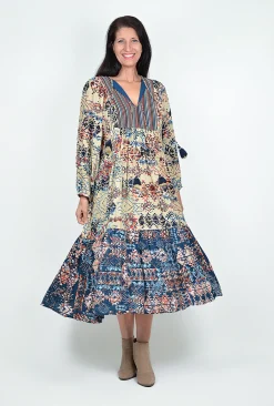 Orientique Maci Puff Sleeve Boho Maxi Dress in Blue Multi- Long Sleeved Dresses | Maxi Dresses