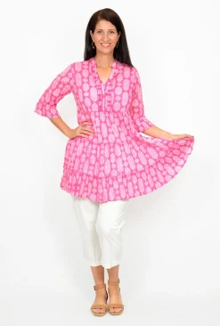 One Summer Maeve 3/4 Sleeve Tunic in Pink- Cotton Tops | 3/4 Sleeve Tops
