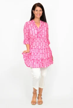 One Summer Maeve 3/4 Sleeve Tunic in Pink- Cotton Tops | 3/4 Sleeve Tops