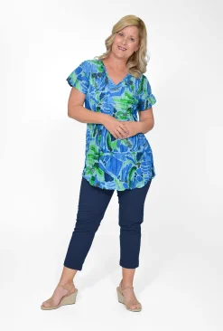 One Summer Maggie Crinkle Cotton T-Shirt in & Green- Cotton Tops | Short Sleeve Tops