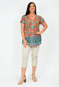 One Summer Maggie Short Sleeve Cotton Blouse in & Green- Cotton Tops | Short Sleeve Tops