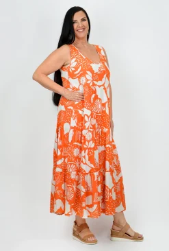 New U Collection Mandy Orange Sleeveless Print Dress- Sleeveless Dresses | Maxi Dresses