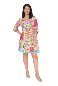 Orientique Marie Rayon Tassel Dress in Bright Floral- Above Knee Dresses | Sleeved Dress