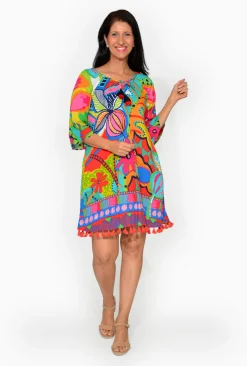 Orientique Marie Rayon Tassel Dress in Multicolour- Above Knee Dresses | Sleeved Dress