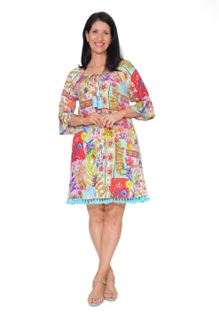 Orientique Marie Rayon Tassel Dress in Bright Floral- Above Knee Dresses | Sleeved Dress