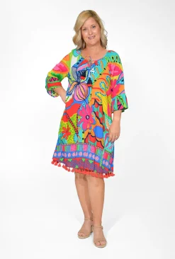 Orientique Marie Rayon Tassel Dress in Multicolour- Above Knee Dresses | Sleeved Dress