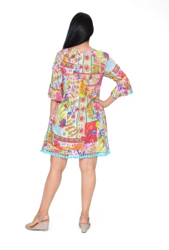 Orientique Marie Rayon Tassel Dress in Bright Floral- Above Knee Dresses | Sleeved Dress