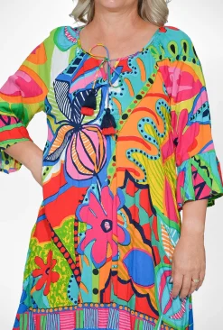 Orientique Marie Rayon Tassel Dress in Multicolour- Above Knee Dresses | Sleeved Dress