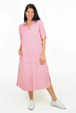 One Summer Megan Collared Button Down Midi Dress in Pink Lemonade- Long Sleeved Dresses | Midi Dresses