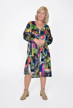 Orientique Melanie Long Sleeve Dress in Blue Multi- Long Sleeved Dresses | Knee Length Dresses