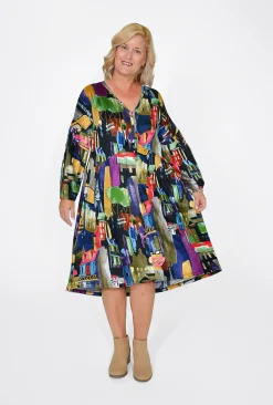 Orientique Melanie Long Sleeve Dress in Blue Multi- Long Sleeved Dresses | Knee Length Dresses