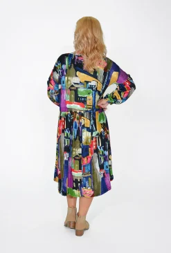 Orientique Melanie Long Sleeve Dress in Blue Multi- Long Sleeved Dresses | Knee Length Dresses