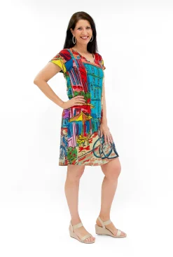 Orientique Melody Cotton V-Neck T-Shirt Dress in Paris Multi- Short Sleeved Dresses | Cotton Dresses