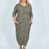 Cotton Village Moana Leopard Elbow Sleeve Midi Dress in Khaki- Midi Dresses | Long Dresses