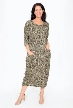Cotton Village Moana Leopard Elbow Sleeve Midi Dress in Khaki- Midi Dresses | Long Dresses