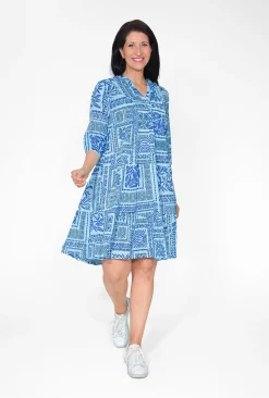One Summer Molly Cotton V-Neck Dress in Blue Block- Long Sleeved Dresses | Cotton Dresses