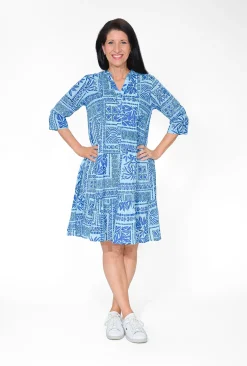 One Summer Molly Cotton V-Neck Dress in Blue Block- Long Sleeved Dresses | Cotton Dresses
