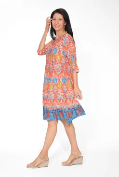 One Summer Molly Cotton V-Neck Dress in & Blue- Long Sleeved Dresses | Knee Length Dresses