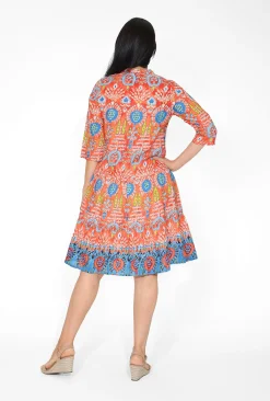 One Summer Molly Cotton V-Neck Dress in & Blue- Long Sleeved Dresses | Knee Length Dresses