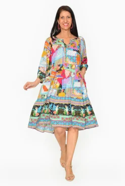 Escape Naomi Rayon Long Sleeve Boho Dress in Travel Mix- Knee Length Dresses | Sleeved Dress