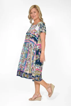 Orientique Natalie Cotton Short Sleeve Pocket Dress in Navy Motifs- Short Sleeved Dresses | Organic Cotton Clothing