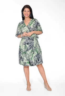 Orientique Nellie Rayon Elbow Sleeve Wrap Dress in Green & Black- Knee Length Dresses | Sleeved Dress