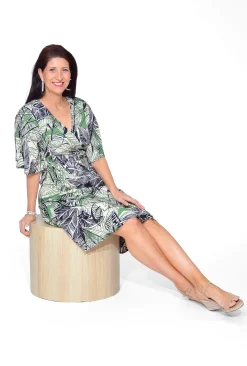 Orientique Nellie Rayon Elbow Sleeve Wrap Dress in Green & Black- Knee Length Dresses | Sleeved Dress