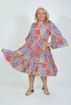 Dreamcatcher Nikola Frill Sleeve Dress in Mosaic Multi- Long Sleeved Dresses | Knee Length Dresses