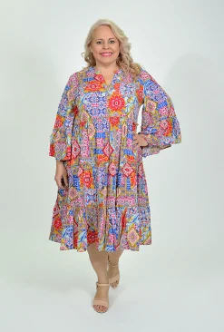 Dreamcatcher Nikola Frill Sleeve Dress in Mosaic Multi- Long Sleeved Dresses | Knee Length Dresses