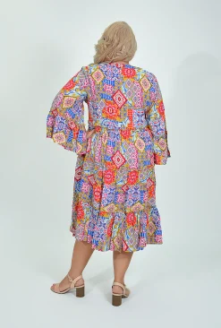 Dreamcatcher Nikola Frill Sleeve Dress in Mosaic Multi- Long Sleeved Dresses | Knee Length Dresses