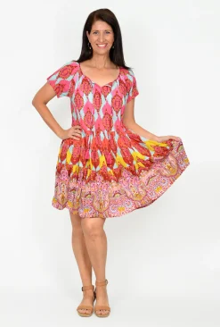 One Summer Nora Short Sleeve Tassel V Neck Dress in Pink Samba- Knee Length Dresses | Cotton Dresses