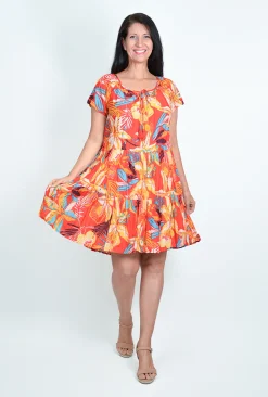 One Summer Nora Short Sleeve Tassel V-Neck Dress in Orange- Above Knee Dresses | Knee Length Dresses