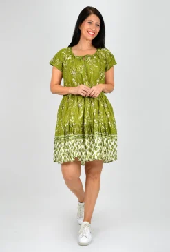 One Summer Nora Short Sleeve Tassel V-Neck Dress in Olive Green- Short Sleeved Dresses | Sleeved Dress