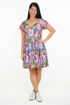 One Summer Nora Short Sleeve Tassel V-Neck Dress in Pink & Purple- Above Knee Dresses | Cotton Dresses